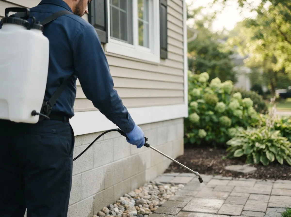 Pest control technician inspecting a home in Chilton, TX